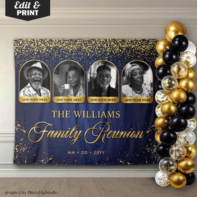 Custom Family Reunion Banner, 7 Photo Blue Gold Tapestry (Custom Family Reunion Banner, 4 Photo Navy Blue Gold Tapestry)