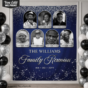 Custom Family Reunion Banner, 7 Photo Blue Silver Tapestry