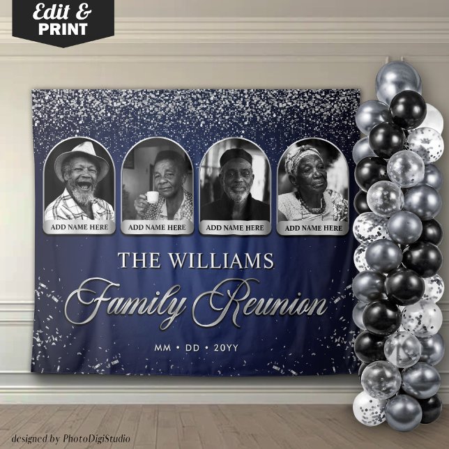 Custom Family Reunion Banner, 7 Photo Blue Silver Tapestry (Custom Family Reunion Banner, 7 Photo Blue Silver Tapestry)