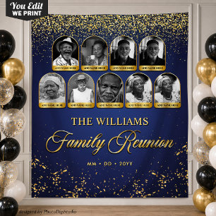 Custom Family Reunion Banner, 9 Photo Blue Gold Tapestry