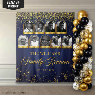 Custom Family Reunion Banner, 9 Photo Blue Gold Tapestry