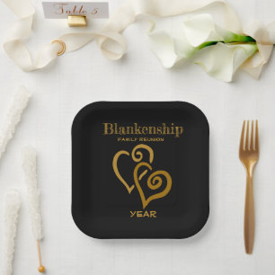 Custom Family Reunion Black Gold Linked Hearts  Paper Plate