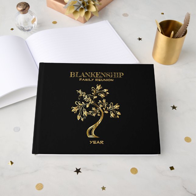 Custom Family Reunion Black Gold Tree Art  Guest Book (Front Open)