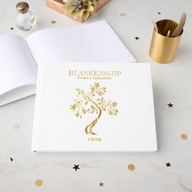 Custom Family Reunion Black Gold Tree Art  Guest Book (Front Open)