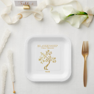 Custom Family Reunion Black Gold Tree Art Paper Plate