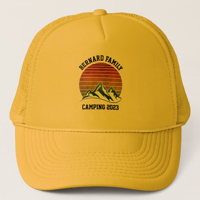 CUSTOM FAMILY REUNION CAMPING SUNSET MOUNTAIN TRIP TRUCKER HAT (Front)
