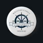 Custom Family Reunion Cruise Ship Wheel Name Tag 6 Cm Round Badge<br><div class="desc">Chic custom summer vacation name tag button for a family reunion beach cruise on the ocean featuring a navy blue boat steering wheel. This nautical themed design is perfect for your special trip. Personalise with your last name and year for a family reunion on the sea.</div>