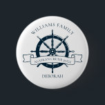 Custom Family Reunion Cruise Ship Wheel Name Tag 6 Cm Round Badge<br><div class="desc">Chic custom summer vacation name tag button for a family reunion beach cruise on the ocean featuring a navy blue boat steering wheel. This nautical themed design is perfect for your special trip. Personalise with your last name and year for a family reunion on the sea.</div>