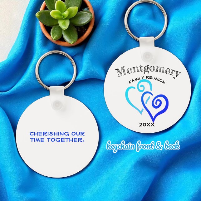 Custom Family Reunion Dark Light Blue Linked Heart Key Ring (template keychain front and back)