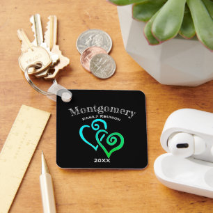 Custom Family Reunion Green Blue Linked Heart Key Ring