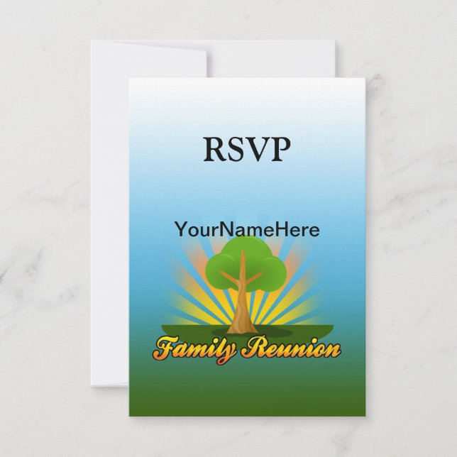 Custom Family Reunion, Green Tree with Sun Rays RSVP Card (Front)