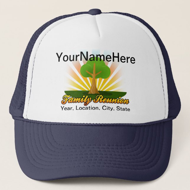 Custom Family Reunion, Green Tree with Sun Rays Trucker Hat (Front)