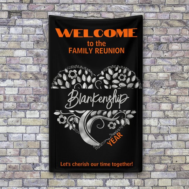 Custom Family Reunion Heart Art Tree Black Orange Banner (Greet the family with a silver heart tree on an orange and black vertical format reunion banner.
)