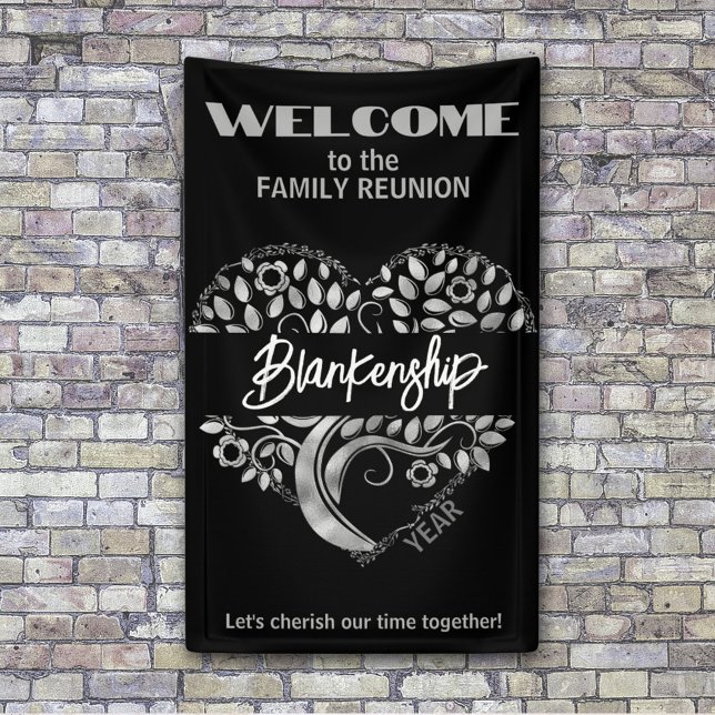 Custom Family Reunion Heart Art Tree Black Silver Banner (This vertical format family reunion welcome banner is easy to personalize for your gathering. )