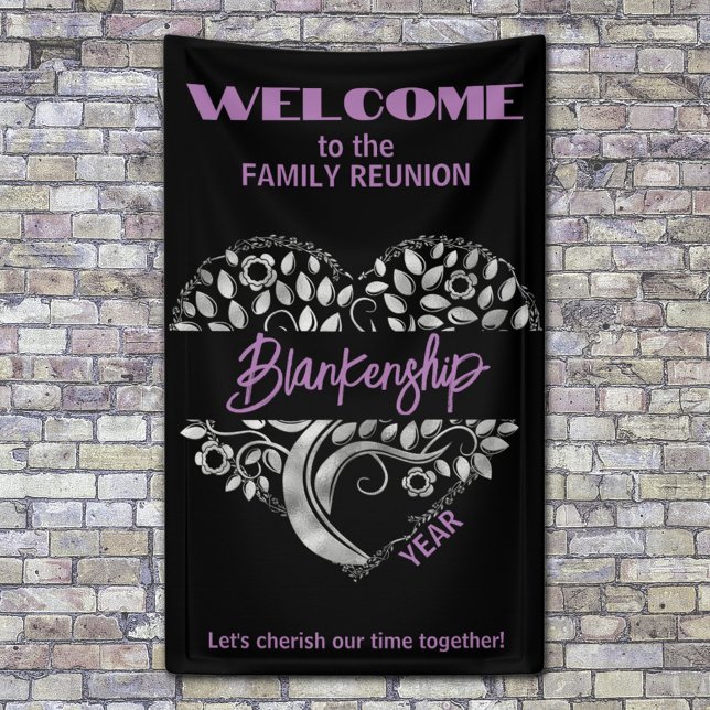 Custom Family Reunion Heart Art Tree Purple Black Banner (Offer a warm welcome to family at your next gathering for the family reunion celebration. )