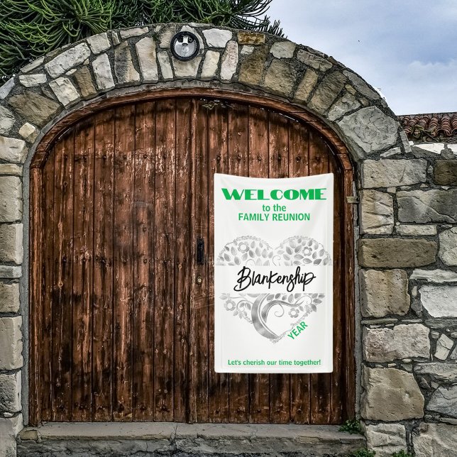 Custom Family Reunion Heart Art Tree White Green Banner (Welcome family with a heart tree art on white with green text vertical format reunion banner.)