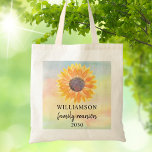 Custom Family Reunion Tote Bag<br><div class="desc">This Family Reunion tote bag is decorated with a yellow sunflower on a colourful watercolor background. Easily customisable. Use the Customise Further option to change the text size, style, or colour. Because we create our own artwork you won't find this exact image from other designers. Original Watercolor © Michele Davies....</div>