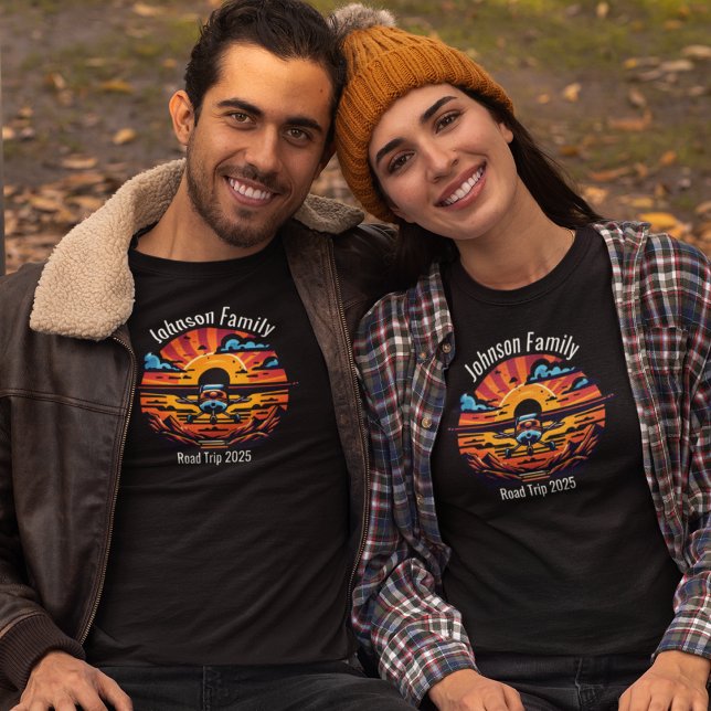 Custom Family Road Trip Mountain Sunset Retro T-Shirt (Creator Uploaded)