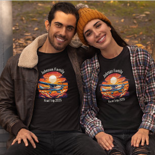 Custom Family Road Trip Mountain Sunset Retro T-Shirt