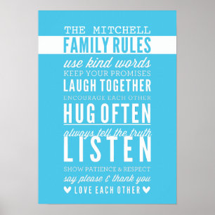 CUSTOM FAMILY RULES modern typography aqua blue Poster
