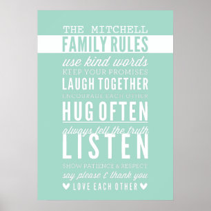 CUSTOM FAMILY RULES modern typography mint green Poster
