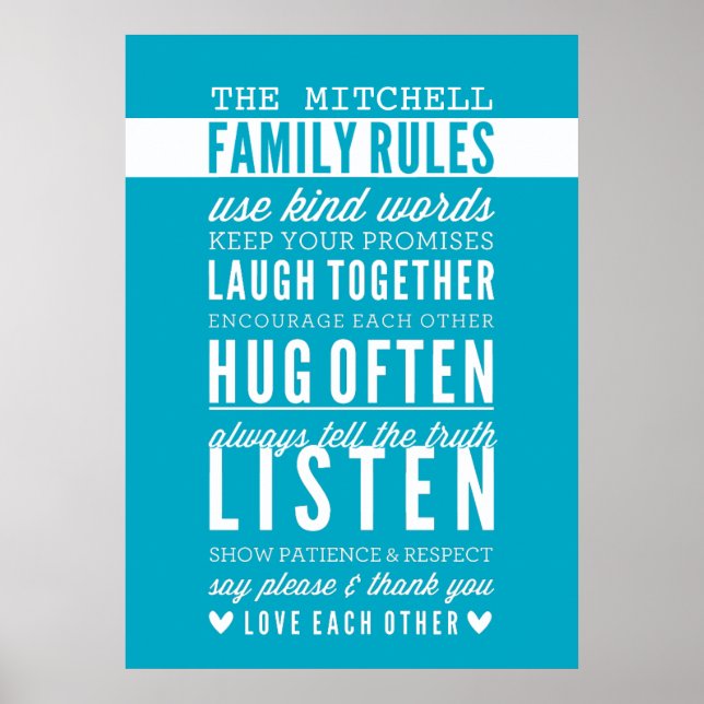 CUSTOM FAMILY RULES modern typography turquoise Poster (Front)