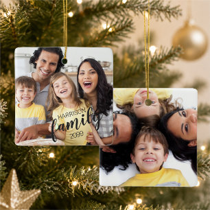 Custom FAMILY Script 2 Photo Keepsake Ceramic Ornament