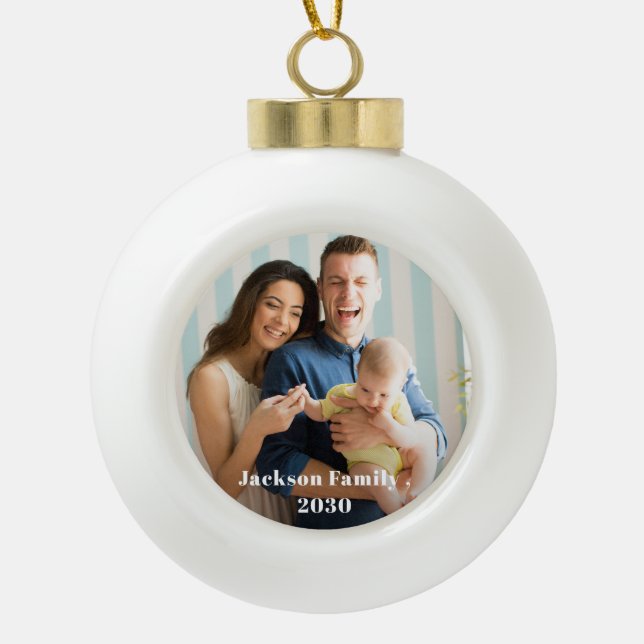 Custom FAMILY Script One Photo Keepsake  Ceramic Ball Christmas Ornament (Front)