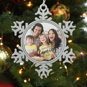 Custom FAMILY Script One Photo Keepsake Snowflake Pewter Christmas Ornament