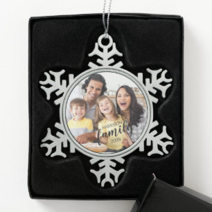 Custom FAMILY Script One Photo Keepsake Snowflake Pewter Christmas Ornament