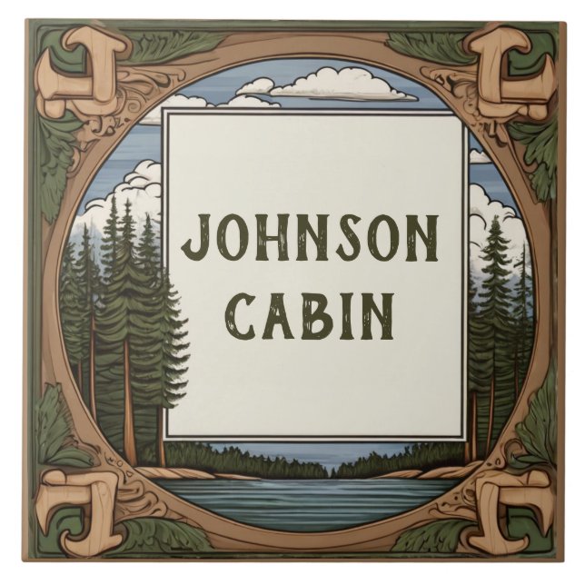 Custom Family Surname Lakehouse Cabin Name Sign Ceramic Tile (Front)