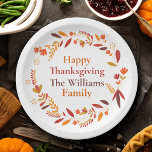 Custom Family Thanksgiving Party Fall Wreath Paper Plate<br><div class="desc">This beautiful autumn family Thanksgiving party plate features a pretty wreath of brown,  orange,  and red leaves around your personalised text. Customise these matching plates for the entire group with your last name and year in lovely fall colours.</div>