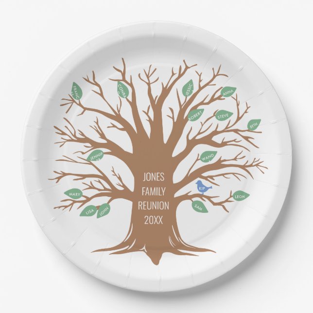 Custom Family tree with leaves and birds Paper Plate (Front)