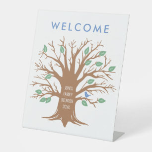Custom Family tree with leaves and birds Pedestal Sign