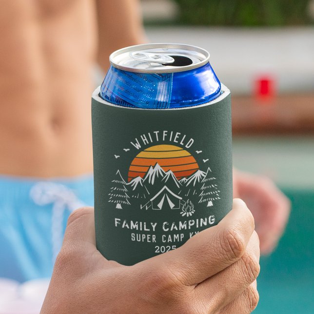Custom Family Vacation Matching Camping Can Cooler (Retro Family Summer Camping Vacation Custom Can Cooler Green)