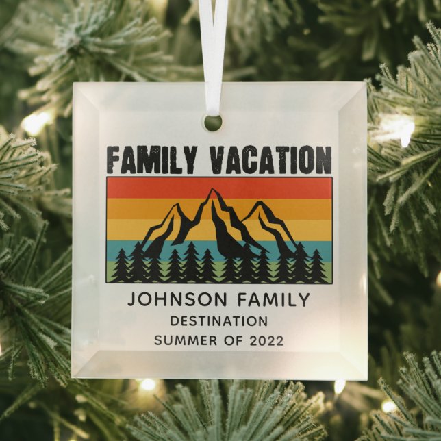 Custom Family Vacation Mountains Hiking Camping Glass Tree Decoration (Insitu)