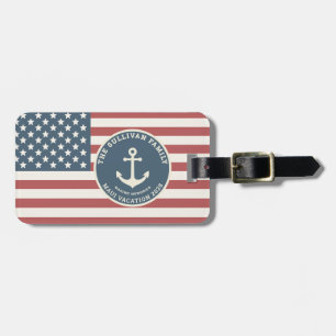 Custom Family Vacation Nautical Blue Anchor Stripe Luggage Tag