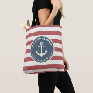 Custom Family Vacation Nautical Blue Anchor Stripe Tote Bag