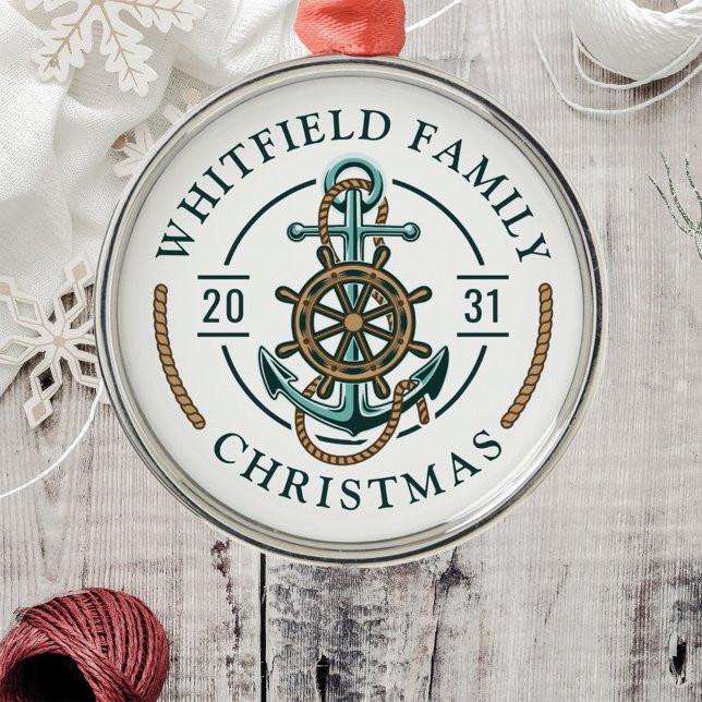 Custom Family Vacation Nautical Boat Trip Metal Ornament (Nautical Anchor Christmas Metal Circle Ornament)