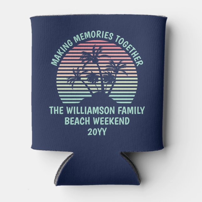 Custom Family Vacation Retro Tropical Beach Trip Can Cooler (Front)