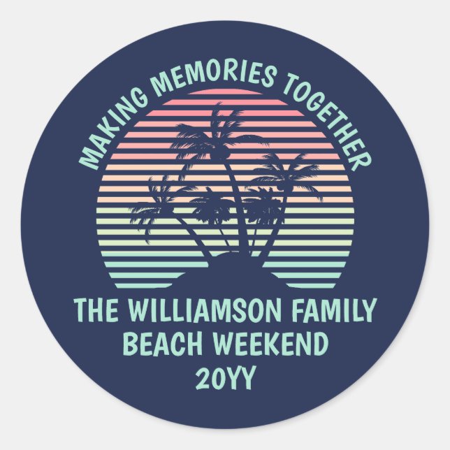 Custom Family Vacation Retro Tropical Beach Trip Classic Round Sticker (Front)
