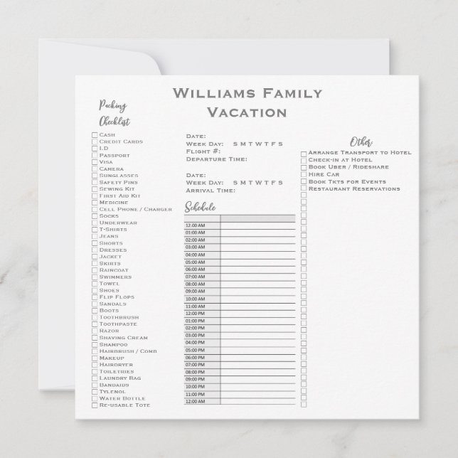 Custom Family Vacation Travel Check List Planner  Invitation (Front)