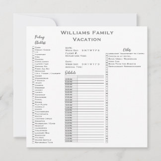 Custom Family Vacation Travel Check List Planner Invitation