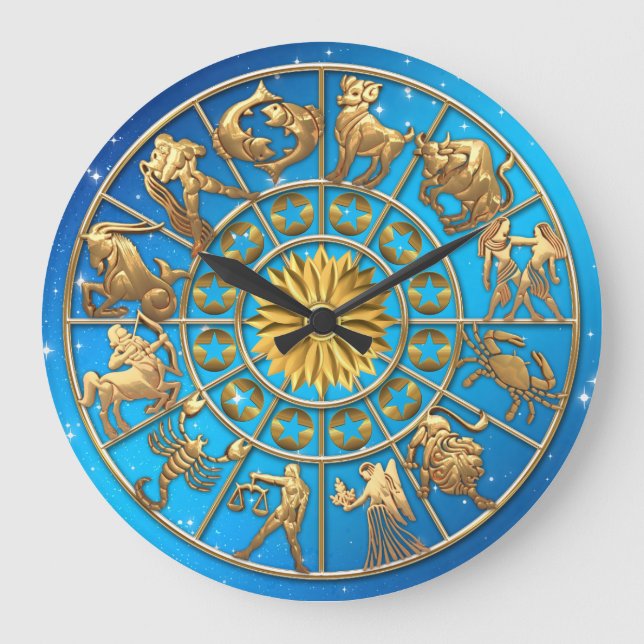 Custom Family Zodiac Sign Gold Stars Sun Astrology Large Clock (Front)