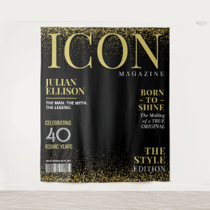 Custom Fashion Magazine Banner, Black Gold Party Tapestry
