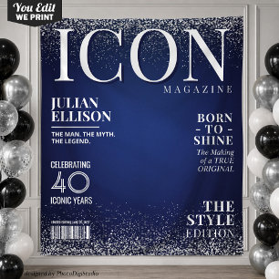 Custom Fashion Magazine Banner, Blue Silver Party Tapestry