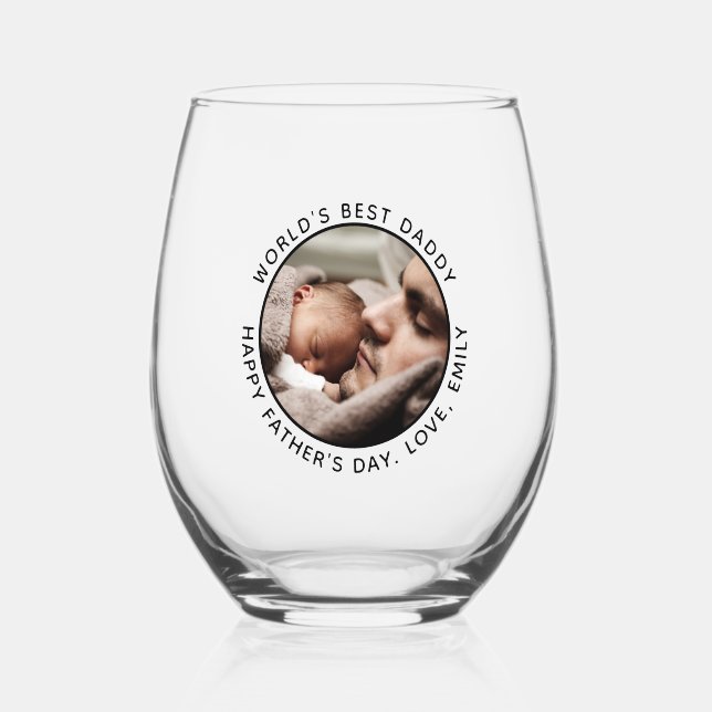 Custom Father's Day Cute Minimalist Photo Stemless Wine Glass (Front)
