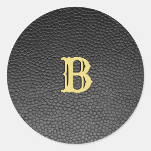 Custom Faux Black Leather Monogram Classic Round Sticker