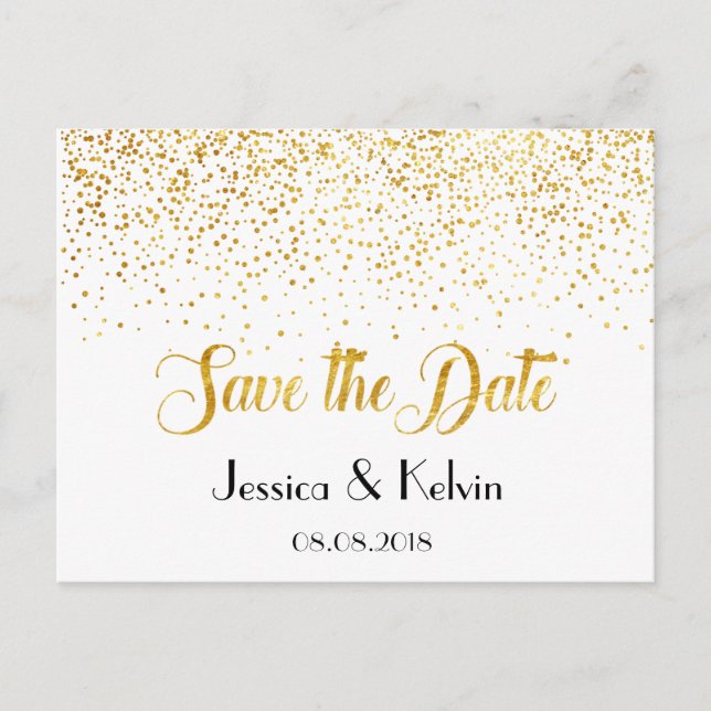 Custom Faux Gold Foil Confetti Dots Save the Date Announcement Postcard (Front)