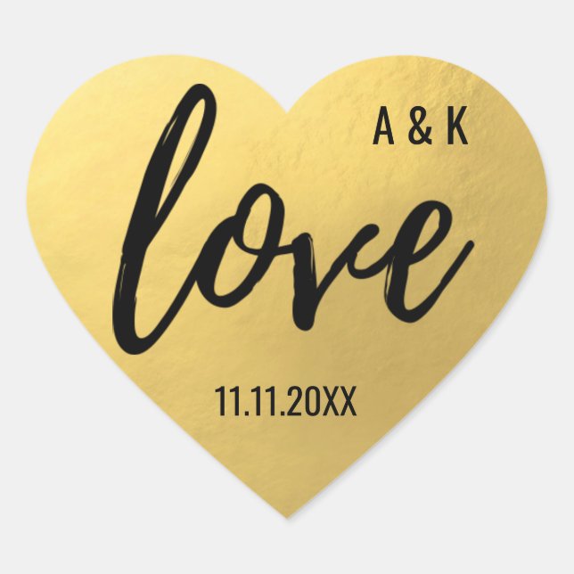 Custom Faux Gold Foil LOVE Script Black Wedding Heart Sticker (Front)